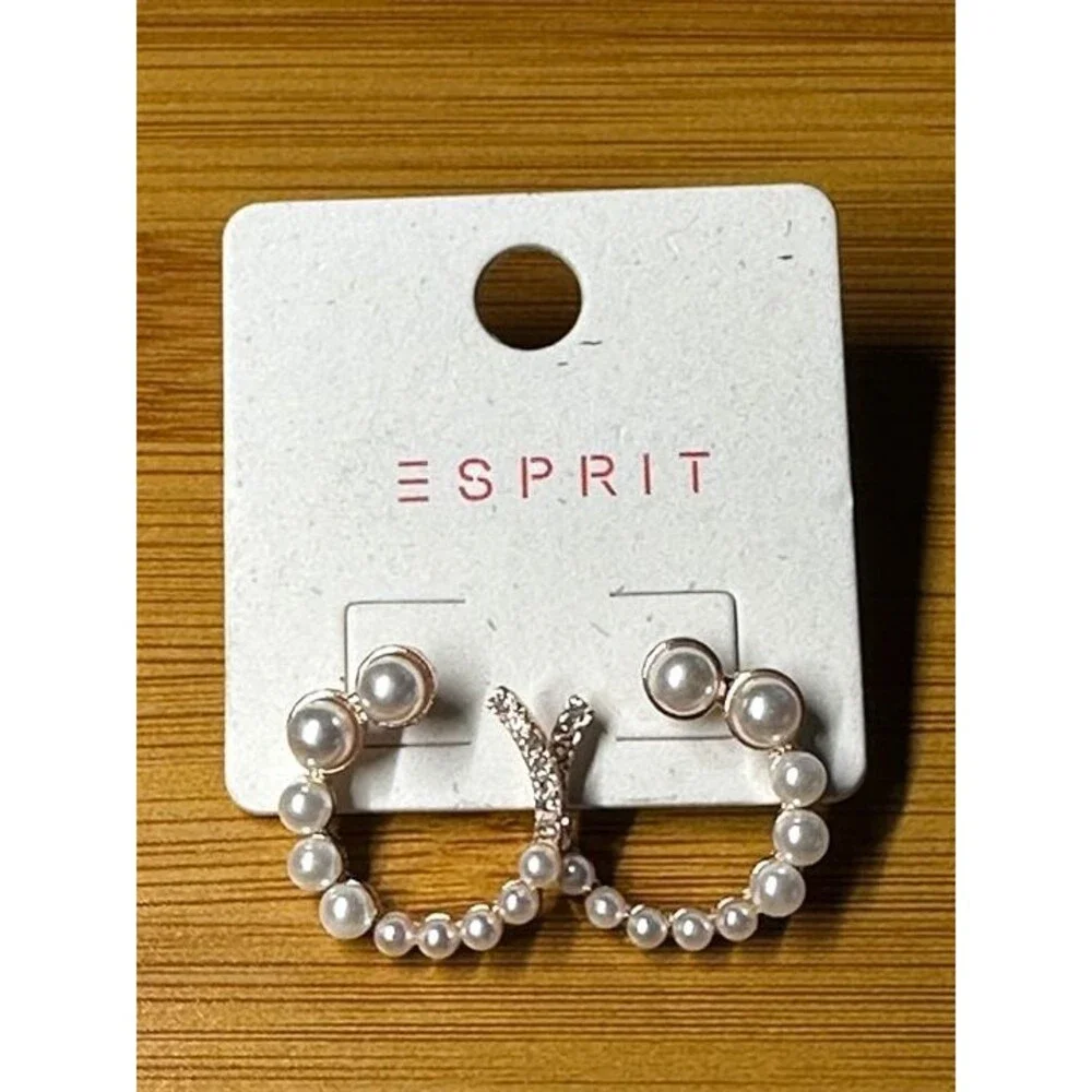 ESPRIT Gold Tone Pearl Rhinestone Hoop Earrings Crescent Style Boho New Pair